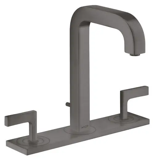 Waschtischarmatur von AXOR mit drei Löchern, zwei Hebelgriffen und geradem Auslauf, glänzende Oberfläche in Brushed Black Chrome, montiert auf einer flachen Basisplatte.